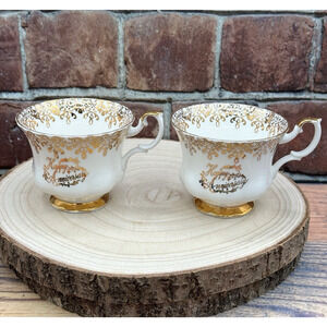 Set of 2 Vtg Royal Albert Anniversary Tea Cups Bone China White Gold England